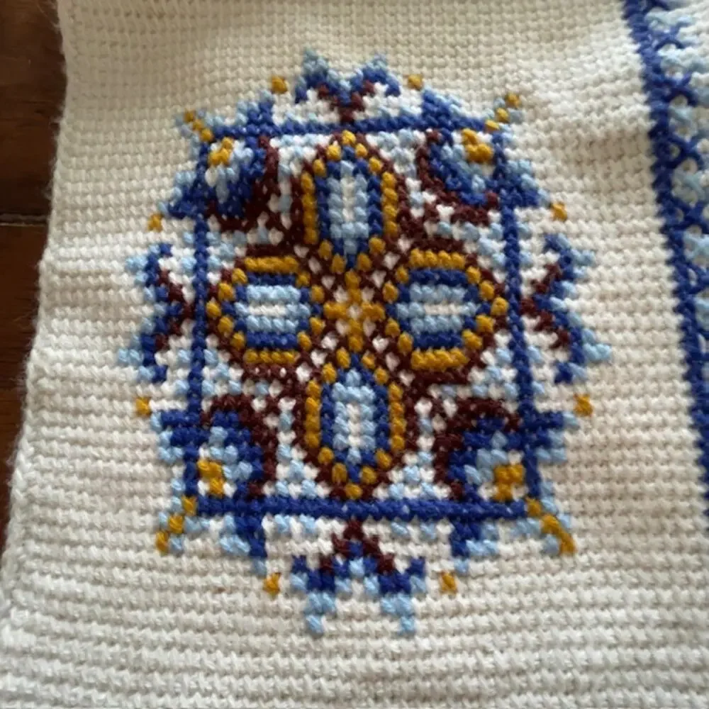 Handmade Knitted Needlepoint Style Afghan Throw Blanket 40x60 Blue Gold Cottage